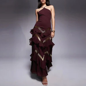 Factory Wholesale Designer Fashion Midi Dress Women Summer Halter Sleeveless Cascading Ruffles Slim Parties Stage Performances
