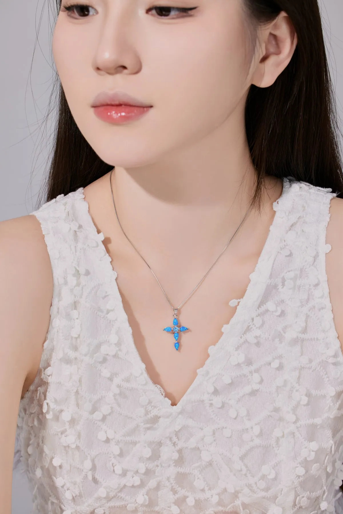 KAKODIY CZ Zirconia Blue Fire Opal Cross Pendant Women's Necklace 925 Sterling Silver Lucky Long Chain 18K Gold Plated Necklace for Women detail 5