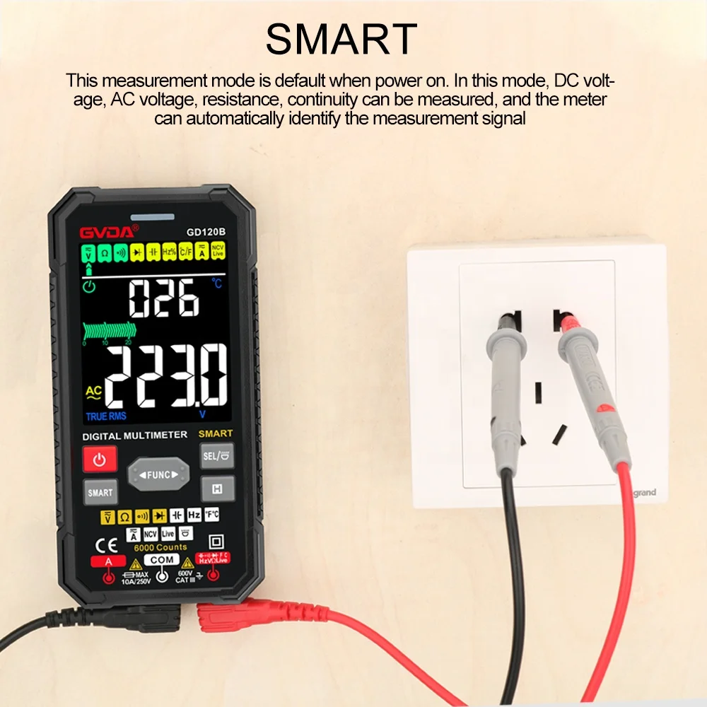 GVDA Smart Multimeter Digital Transistor Testers 6000 Counts True RMS Auto Range Electrical Capacitance Meter