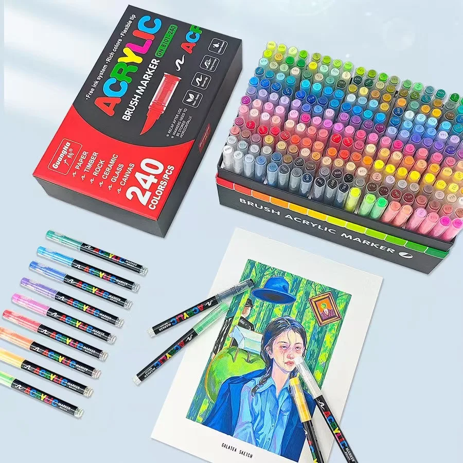 240 kleuren acrylverf markers - pastel penseelpunt permanente kunst markers kunstbenodigdheden set voor volwassen kunstenaars, acryl penseel verf pennen met draagzak voor stof, hout, glas