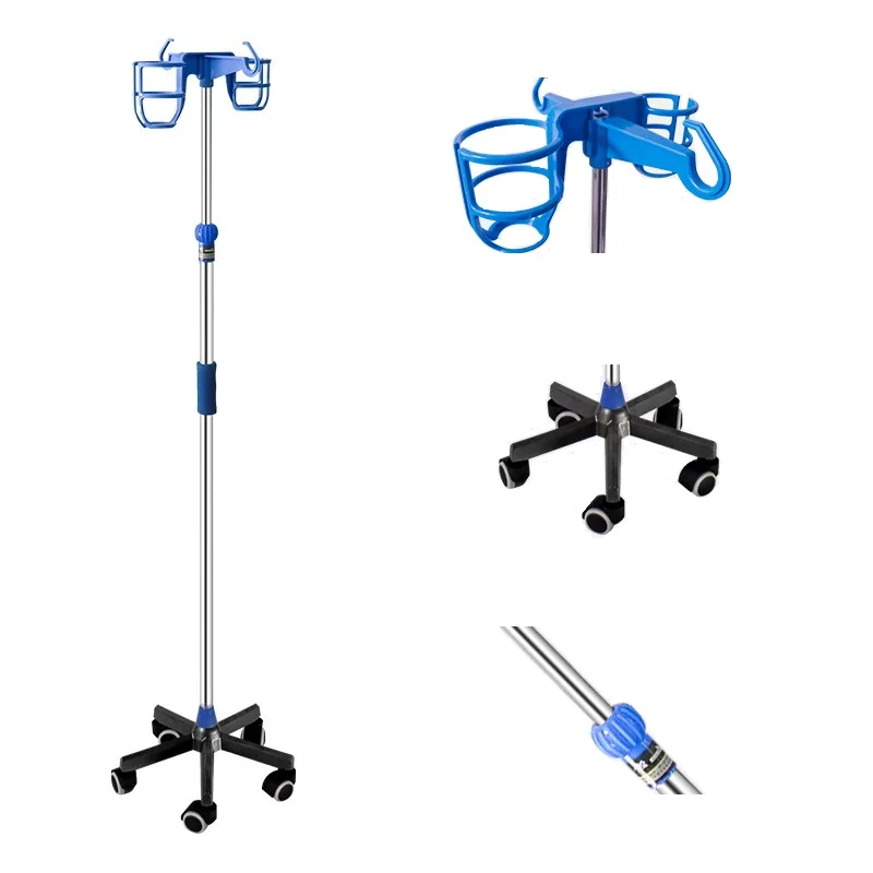 Hospital and Clinic Medical Adjustable Mobile Infusion Stand IV Pole Drip Stand ABS Two hooks and two frames infusion stand supplier