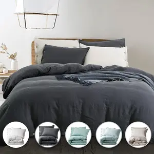 King Size 100% Stonewashed French Linen Duvet Cover 1 Duvet Cover & 2 Pillowcases Flax Comforter Cover Set