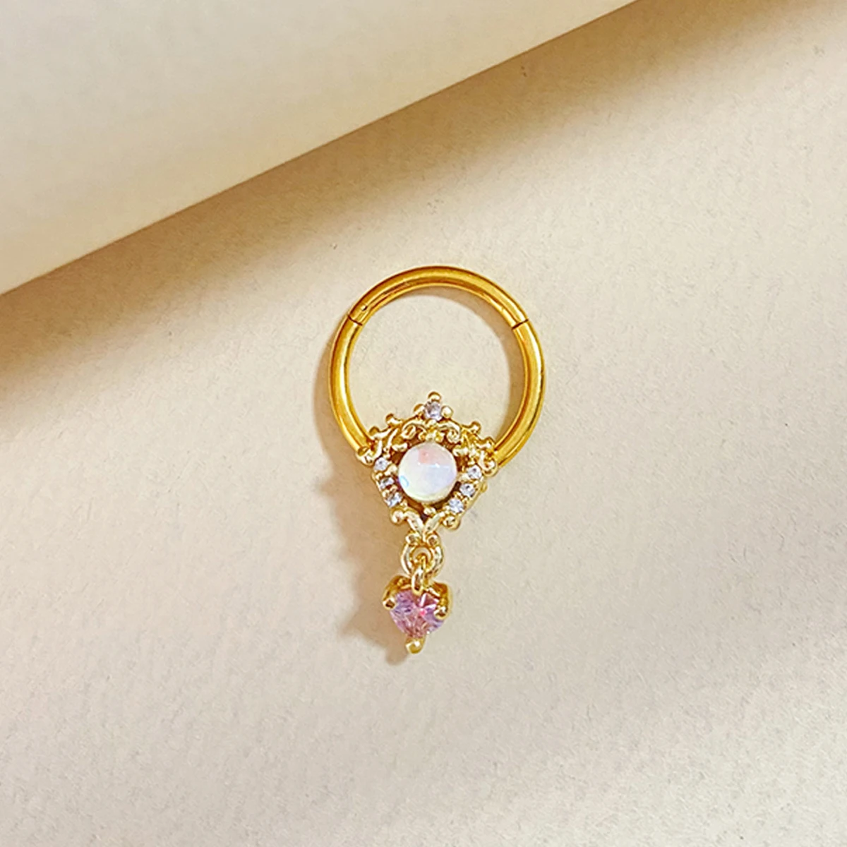 16G Surgical Steel Lacey Clicker Septum Ring - Pink Opal Simulated Stone, 10mm