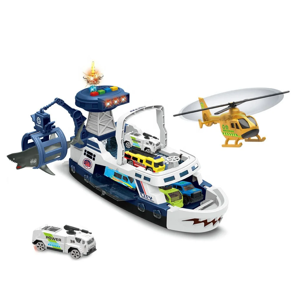 Bateau jouet electrique pour enfants avec helicoptere en alliage et vehicule moule sous pression stockage d ejection de sous verre jeu de requin jouets amusants bateau