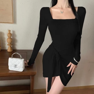Women's Casual Long-Sleeve Square-Neck Asymmetrical Mini Dress - Stylish & Versatile for Spring & Autumn Daily Wear