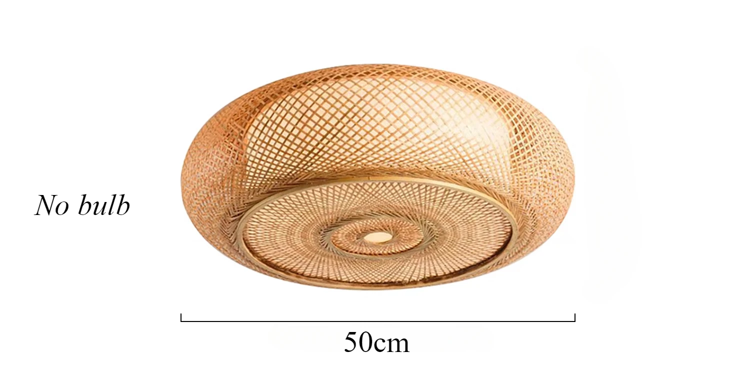 Luminária de teto redonda de bambu artesanal moderna e natural com LED, ideal para quarto e sala de estar. Lustre de bambu com lâmpadas._voghion.com