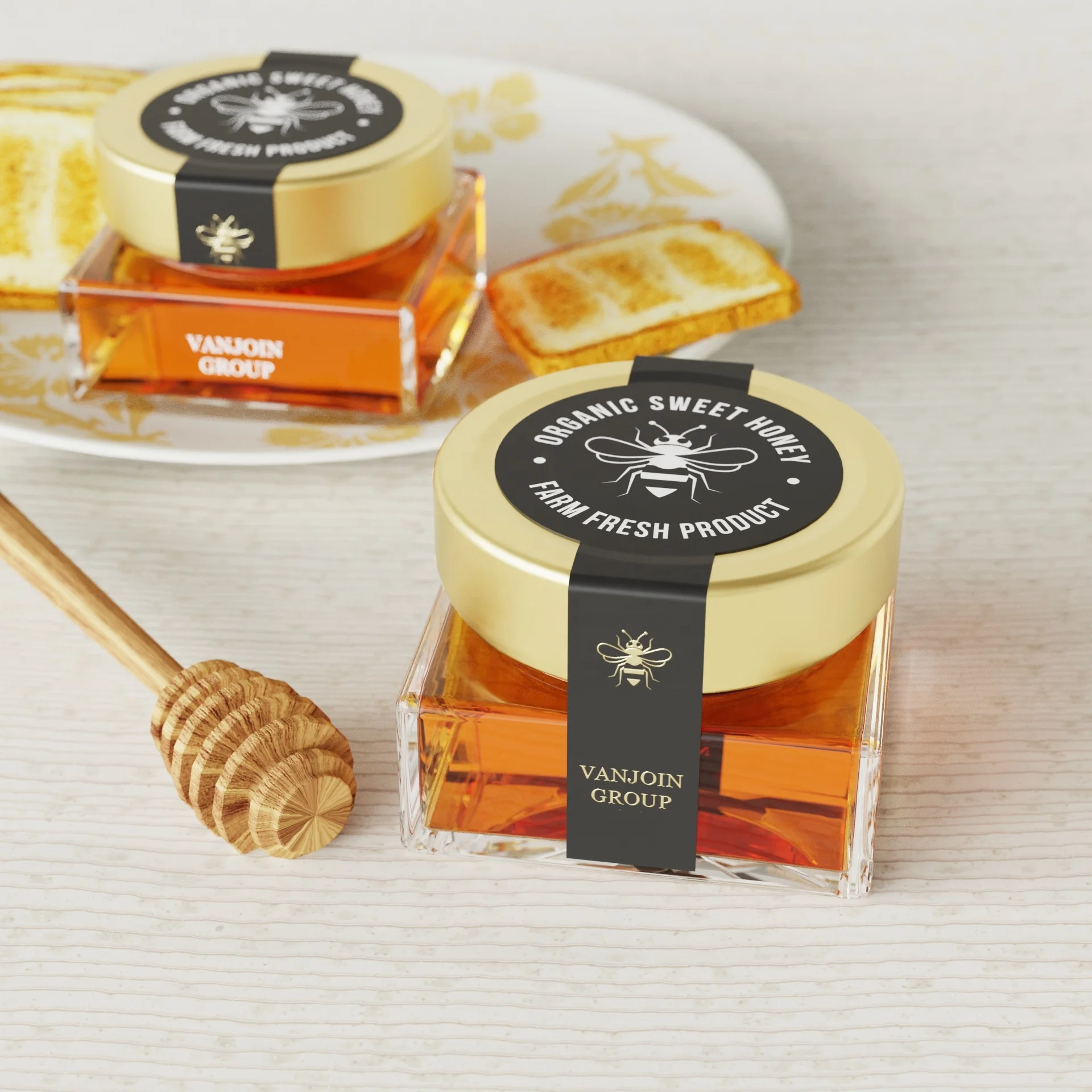 New Design 106ml Square Ergo Glass Honey Jam Jar With Deep Metal Lug Cap Wooden Honey Dipper for 150g Honey Storage