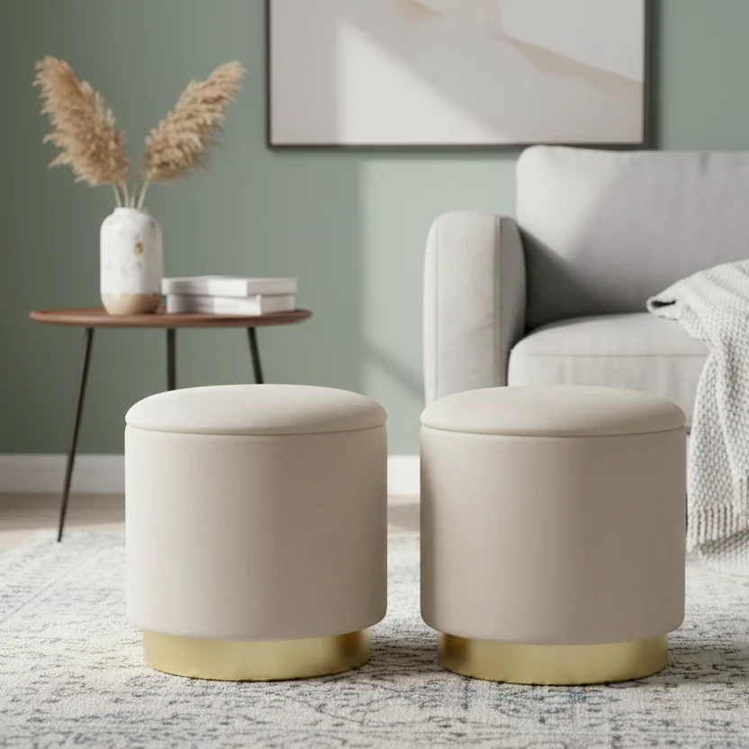Modern Luxury Velvet Fabric Gold Metal Base Round Ottoman Cylinder Pouf Stool for Home Living Room Hotel Office