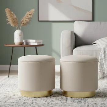 Modern Luxury Velvet Fabric Gold Metal Base Round Ottoman Cylinder Pouf Stool for Home Living Room Hotel Office