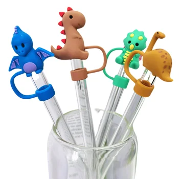 Drinking Straw Tips Dust-Proof Reusable 10mm Straw Covers Cap Cute Dinosaur Animal Silicone Straw Toppers for Tumblers