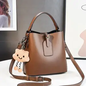 Bucket Bag, Plush Pendant Shoulder Bag Handbag Solid Color Texture Women's Bag with Zipper Handbag