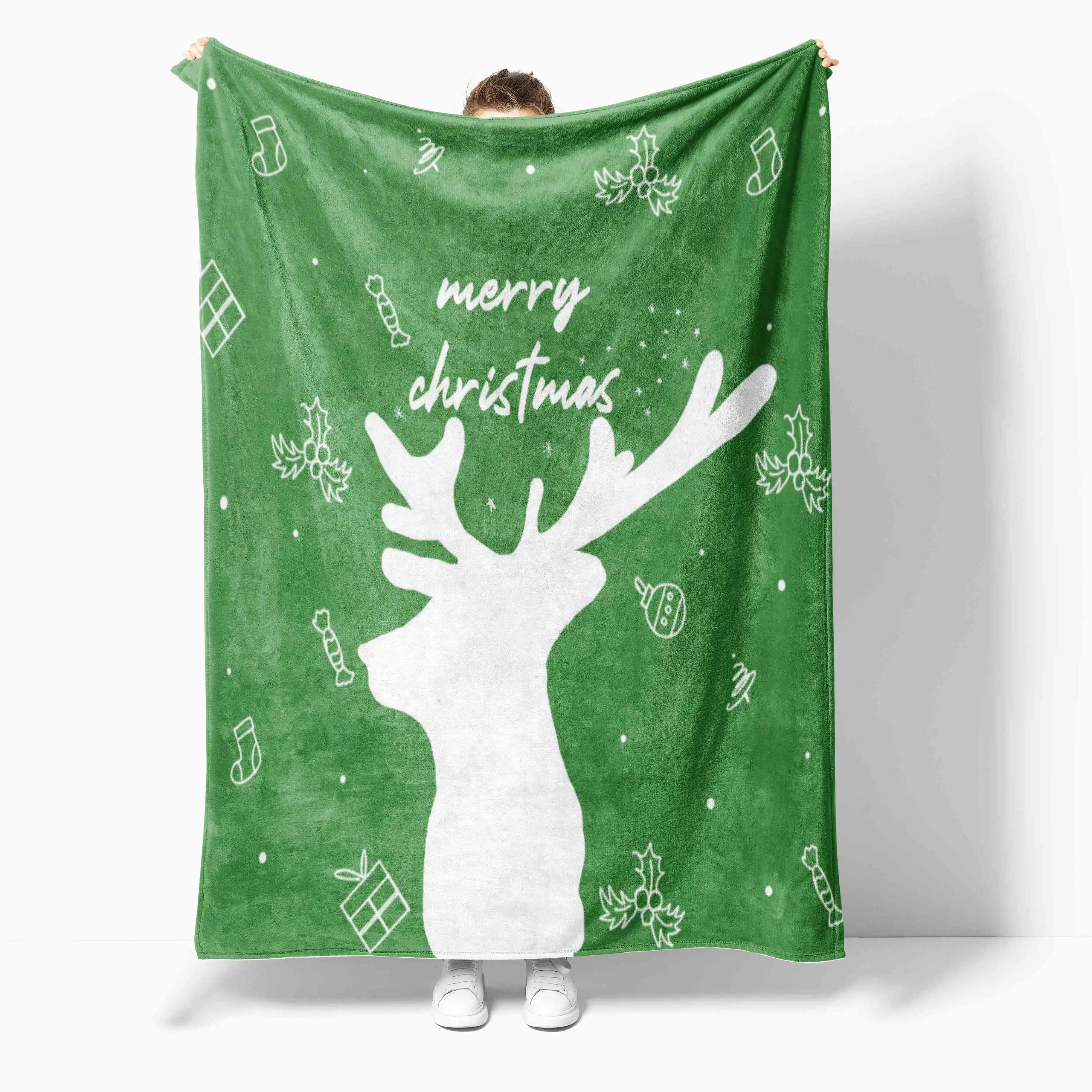 Op maat ontworpen 130*150 cm warme Sherpa deken voor de gezinsslaapbank met kerstpatroon, geschikt voor zowel thuis als gebruik in het vliegtuig