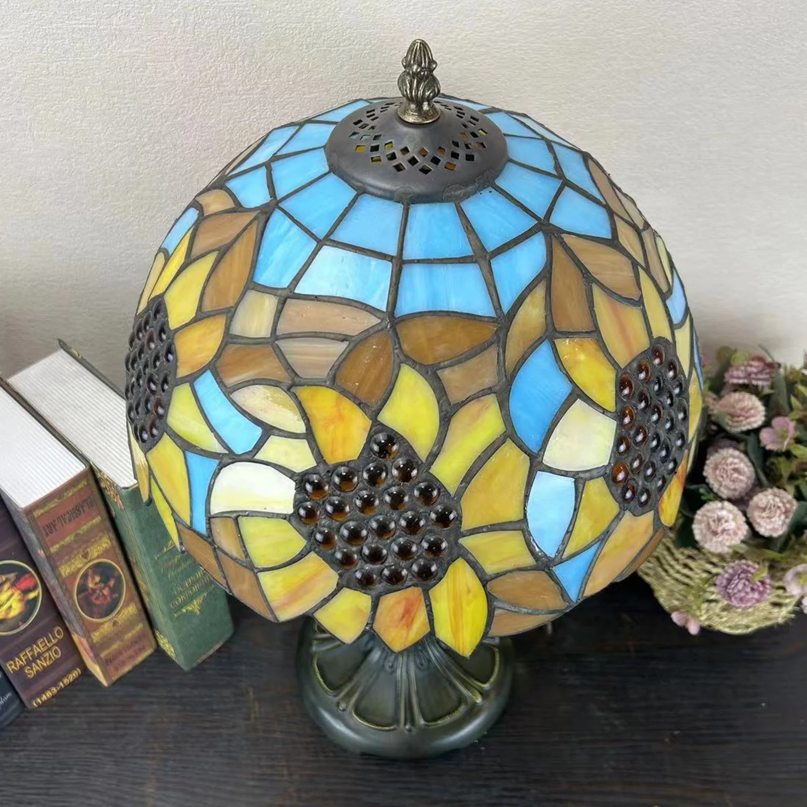 LongHuiJing Tiffany 12Inch Colored Glass Table Lamp Sunflower Living Room Mediterranean Retro Baroque Style Table Lamp