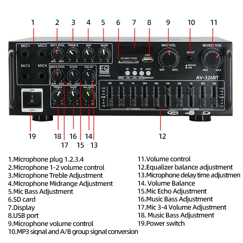 AV-326BT Karaoke Amplifier - 4 Mic Input, 300W + 300W Power Home