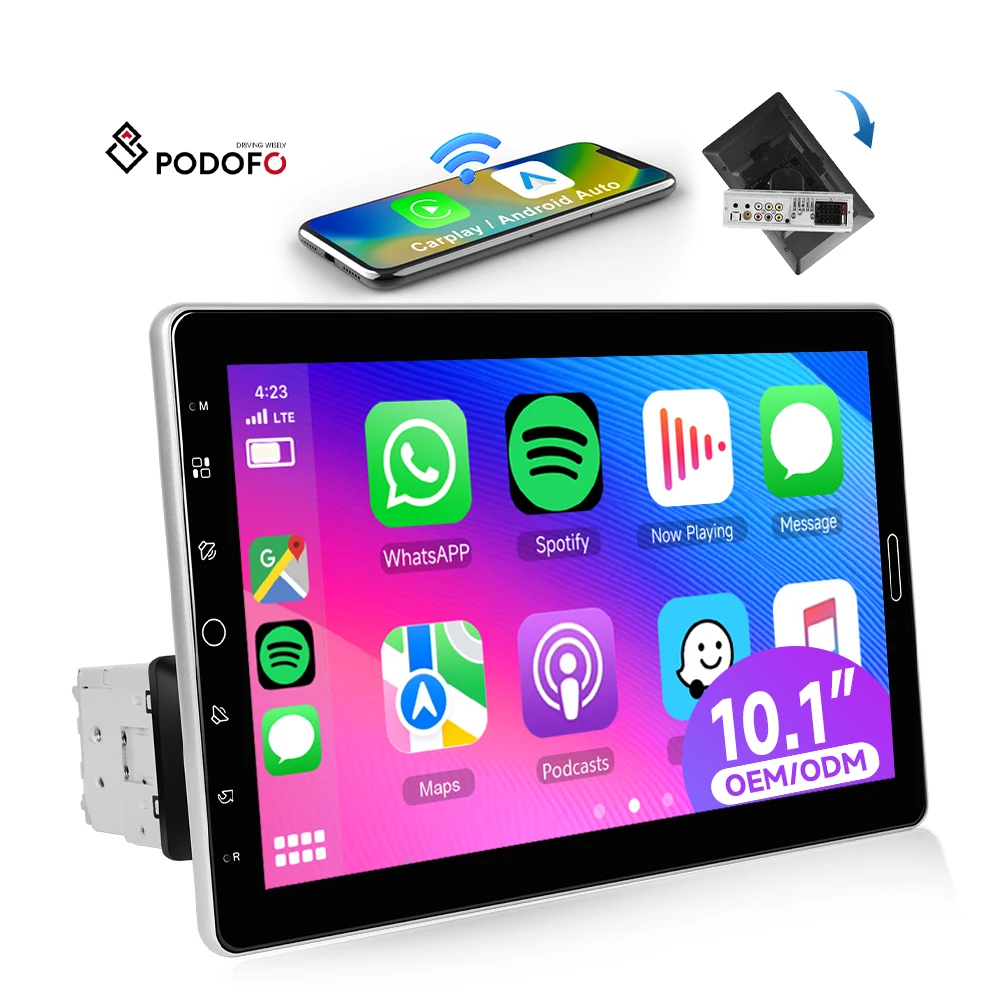 Podofo 10.1 Inch 1 Din Car MP5 Player Wireless CarPlay Android Auto Rotating IPS Touch Screen USB/AUX/TF SWC MIC Autoradio OEM A4077