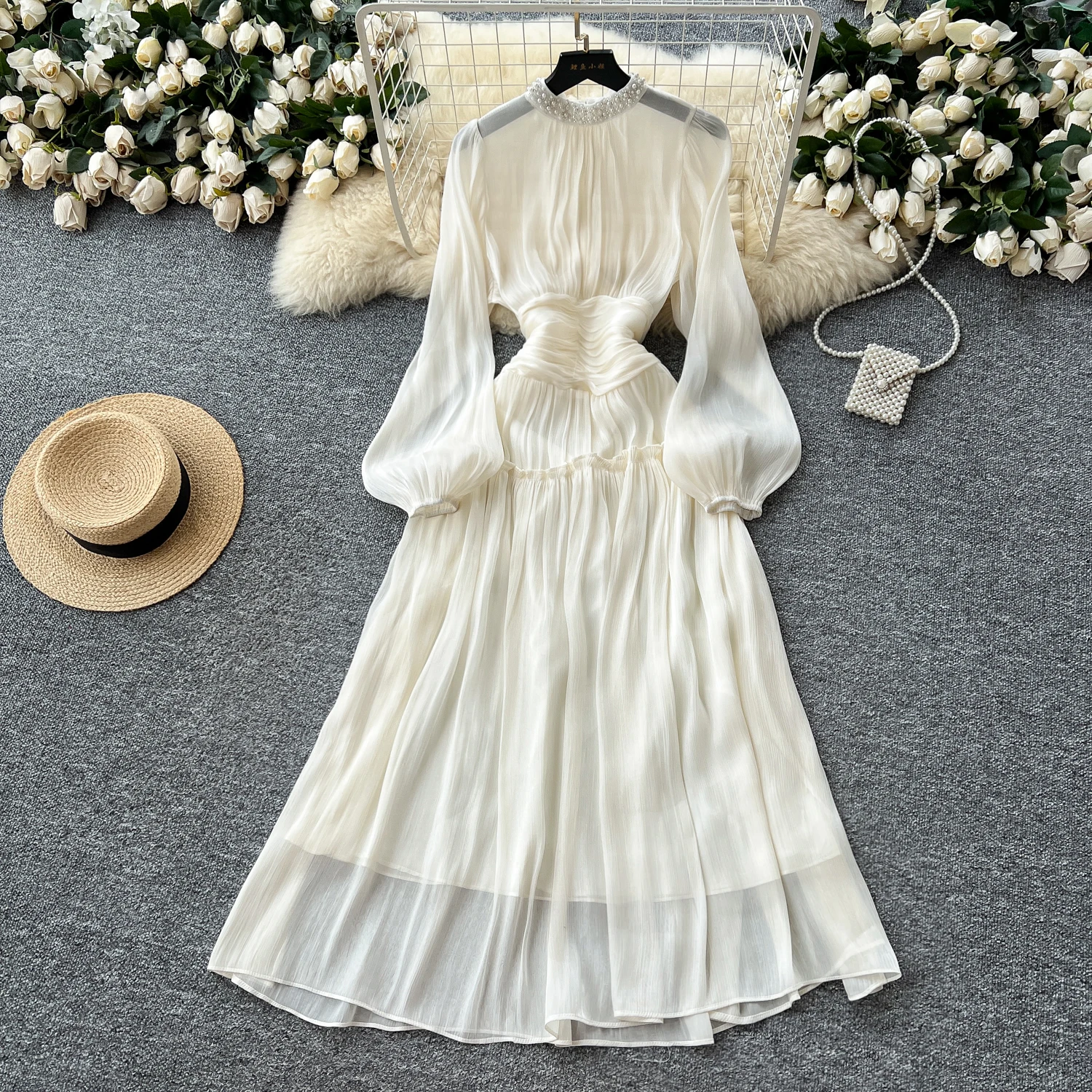 Luxury Dress LW1404 Beaded Round Neck Lantern Sleeve Luminous Satin Maxi  Dress - Women'S Formal Gown Woman Dresses