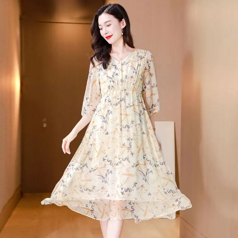 silk chiffon dress neck Plunging Neck Flared Sleeves Pleated Chiffon Dresses Dark Green / M