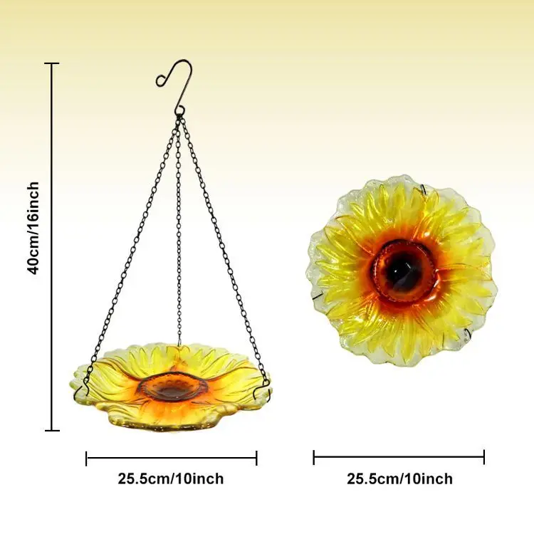 10 Inches Sunflower Shape Yellow Glass Bird Feeder Metal Chain Hand Painting Hanging Bird Feeder Bath