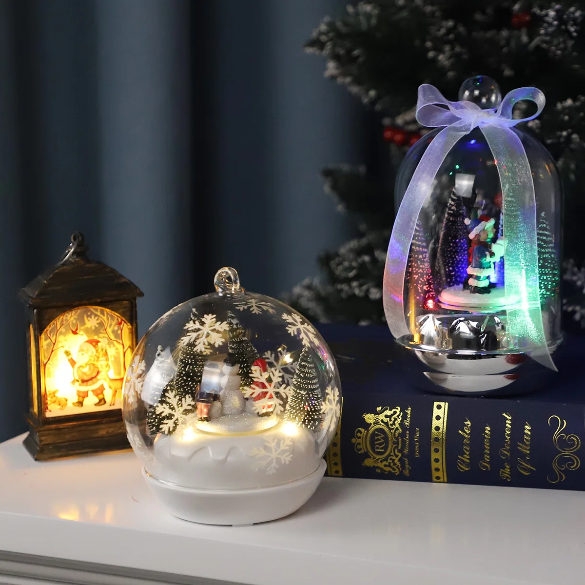 new design led light snow music glass ball with Christmas resin figures scene inside