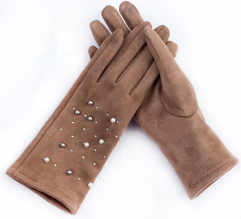 Женские зимние перчатки из искусственной замши с отделкой жемчугом и стразами
