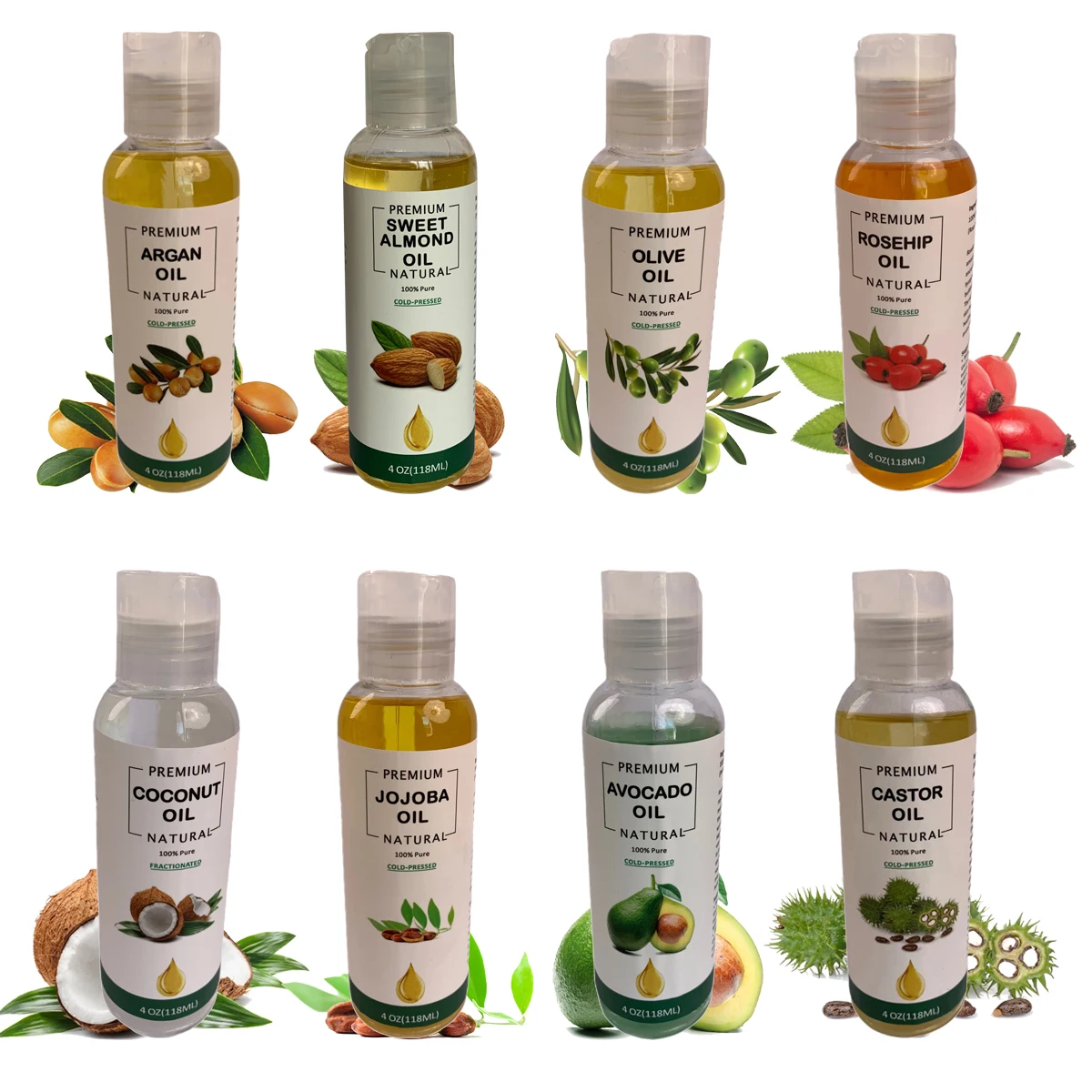Private Label 118ml 4Oz Cold Press 100% Pure Almond Jojoba Olive Castor Oil Pack GrapeSeed Coconut Oil Carrier Oil