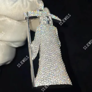 Luxury Iced Santa Muerte Pendant VVS Moissanite and 925 Silver Rhodium Plated Bold Hip Hop Necklace Halloween Ready 30g