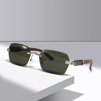 New arrivals Luxury Rimless Sunglasses metal vintage square wooden temple  sunglasses men