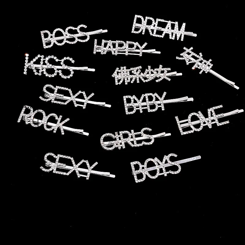 Оптовая продажа, металлические заколки для волос с кристаллами и стразами с посеребренными буквами, блестящие аксессуары для волос для женщин и девочек LHC001