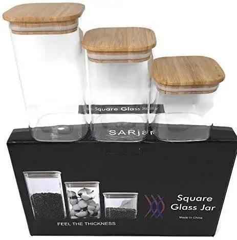 Customized Wholesale Spice Sugar Food Storage Square Glass Jar With Bamboo Lid details