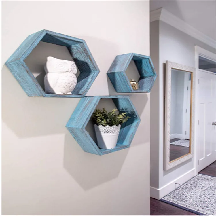 
 Лидер продаж на Amazon, винтажное деревенское украшение, деревянный дизайн, плавающий Шестигранная настенная полка  