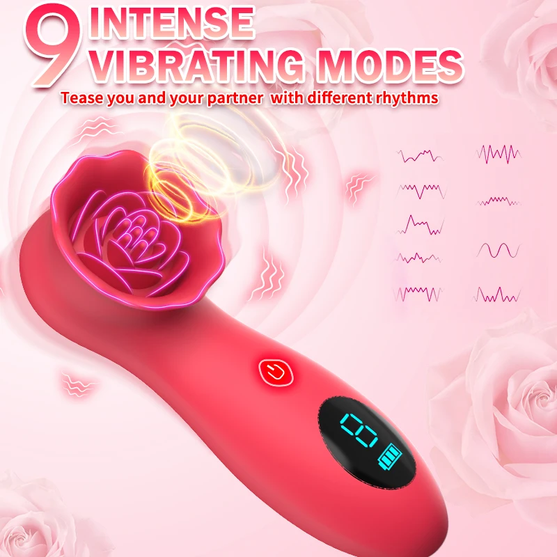 Lcd Display 9 Vibration Modes Rose Flower G-Spot Vibrator Female Clitoral Nipple Stimulator Tapping Rose Clit Vibrator for Women