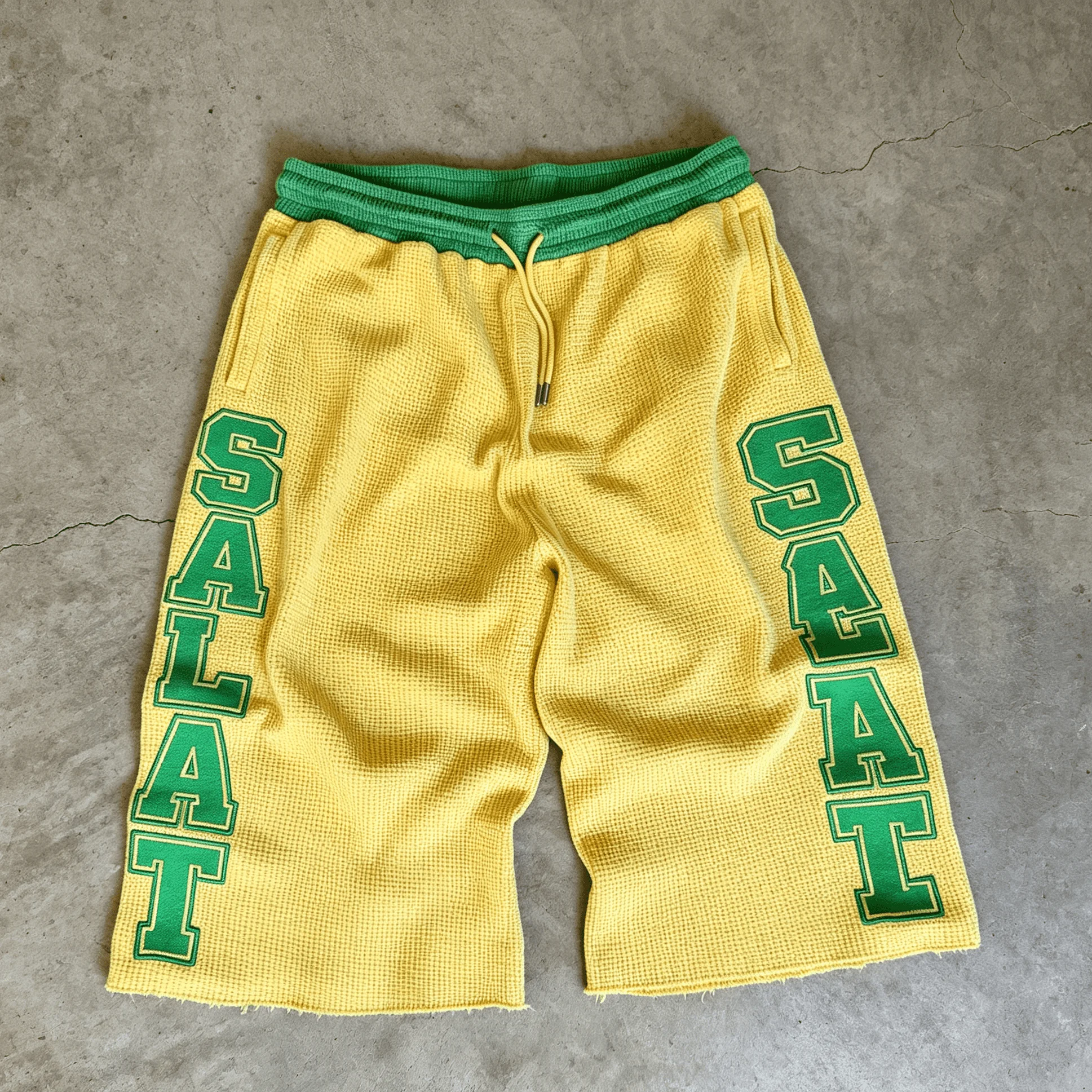 Custom Logo Breathable Knit Shorts Contrast Elastic Waist Vertical Applique Letter Baggy Knee Length Street Shorts for Men gallery 2