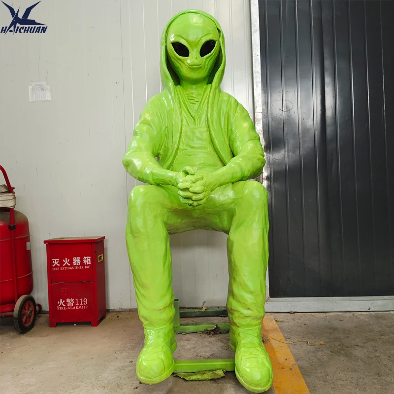 Cool Hooded Green Alien Sculpture Artificial Sitting ET Statue for Modern Home Decor & Street Art Installation
