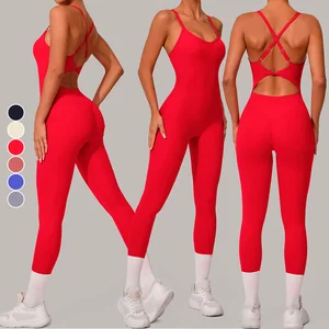 Beauty Back Breathable Sports Jumpsuit Quick Drying Yoga Tight Bodysuit Adjustable Shoulder Strap Crossed Hip Lifting Design