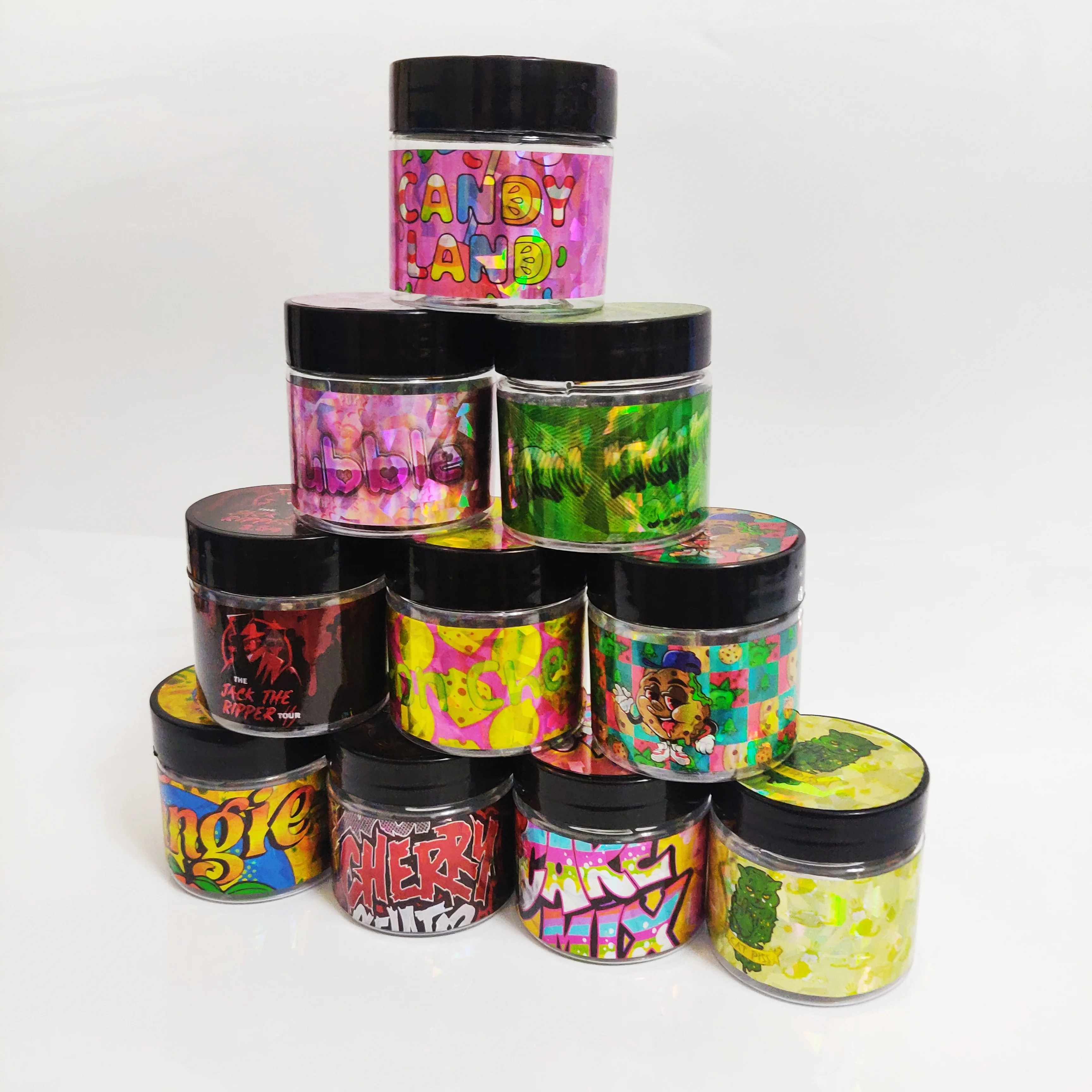 60ml 2oz Zkittlez Edible Pet Plastic clear Cali Stash Jars with Screw Lids-custom Dry Herb Flower Holographic Labels Stickers