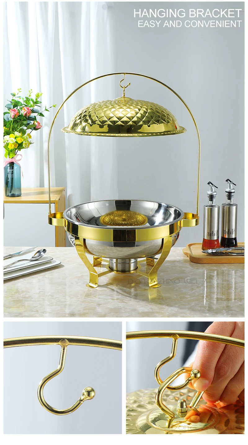 Food Beverage Luxury Crown Chafing Dish De Lux Round Food Warmers 4 Pcs Set Hanging Diamond Gold