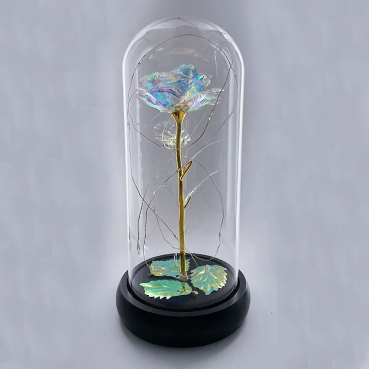 Wholesale led lighted preserved flower dome rose in terrarium glass jar dome led light tall tabletop with wood base factory