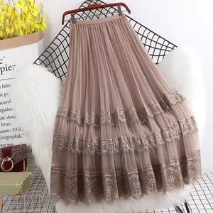 Spring Korean Style New High Waist Lace Stitching Mesh Polyester Anti-Wrinkle Women's Pleated a Midi Skirt