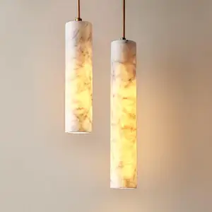 Nordic Suspension Spanish Alabaster Tube Pendant Light Height Adjustable Marble Chandelier for Dining Room