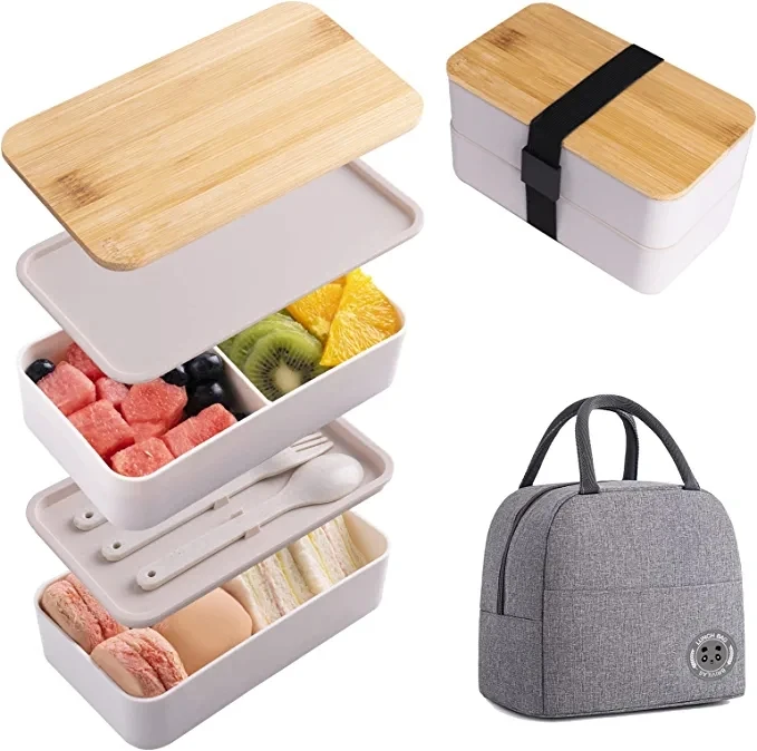 Bento Box Ault Lunch Box, Microwave, Ishwasher & Freezer Safe, Inclues 2  Stackable Containers, Built-in Plastic Utensil Set, Nylon Sealing Strap,  Bent