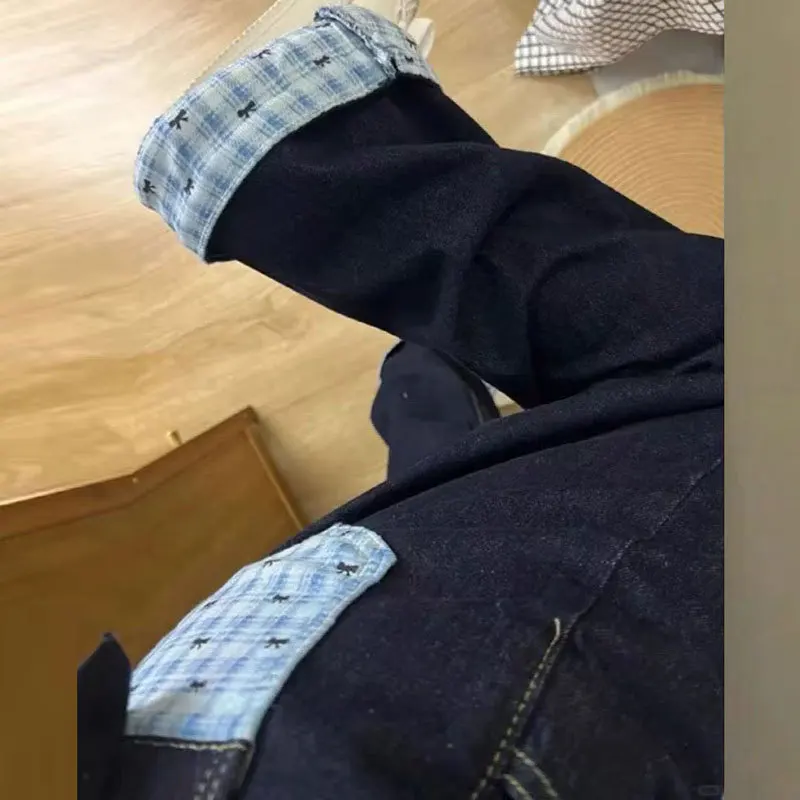 Design Bowknot Plaid Patchwork Denim Jeans for Women Spring Season Plus Size Loose Wide-leg Pants