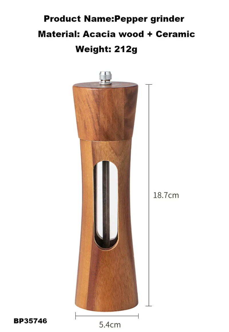 Adjustable Wooden Spice Herb Mill with Acrylic Visible Window Seasoning Grinding Manual Ceramic Salt Pepper Mills