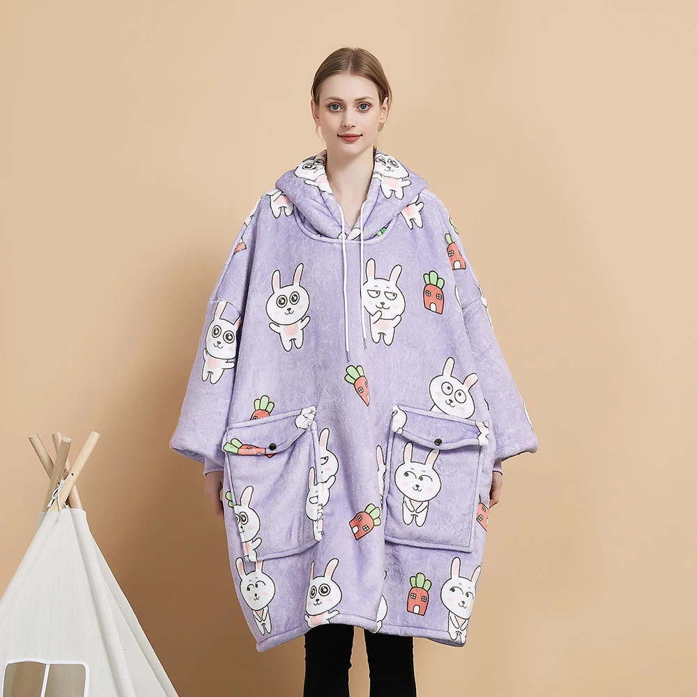 Hot Selling Custom Printed Wearable Flannel Comfortable Christmas Gift Blanket Hoodie Adult Kids