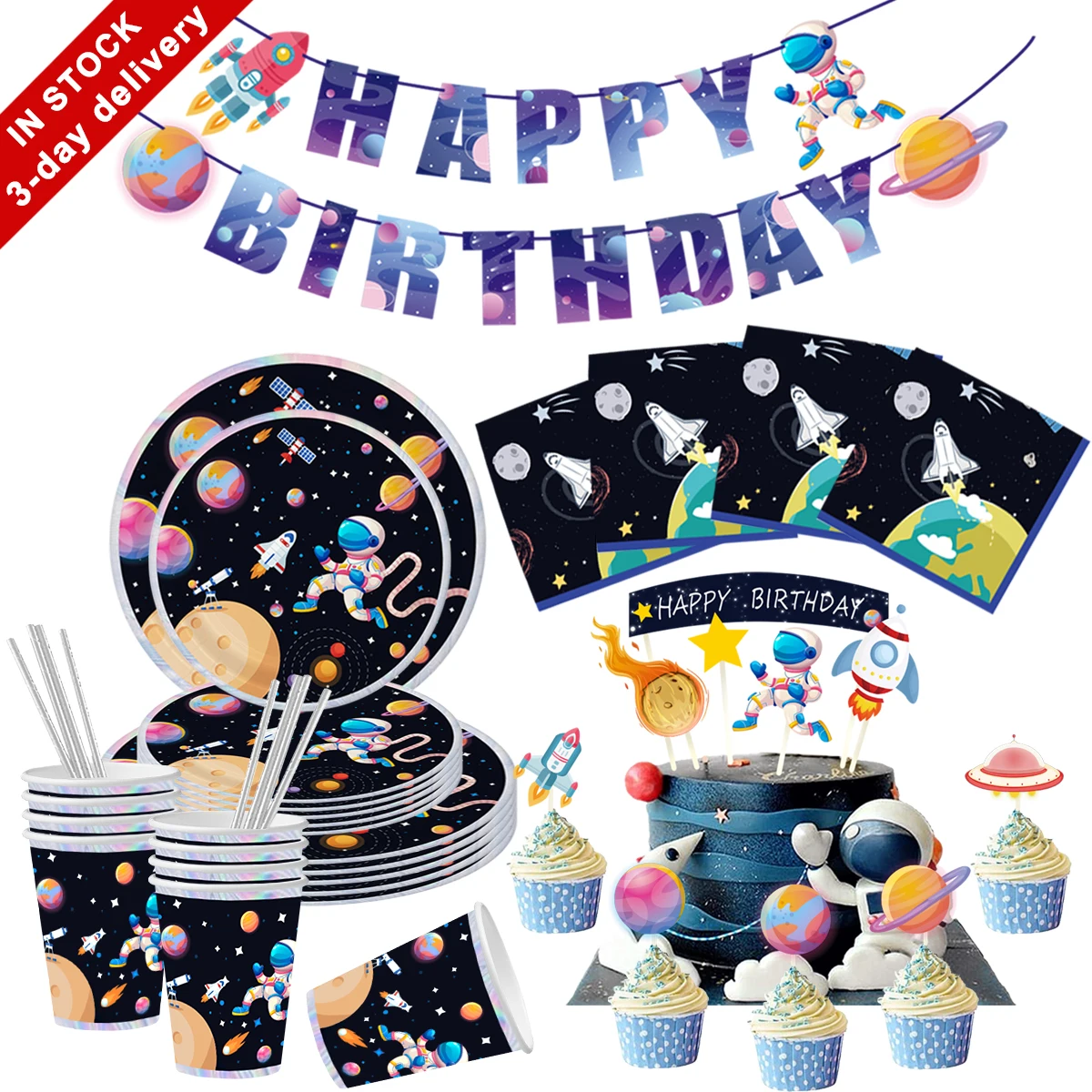 Nicro Fast Delivery Spaceman Theme 92 PCS Space Astronaut Supplies Disposable Tableware Banner Happy Birthday Party Decoration