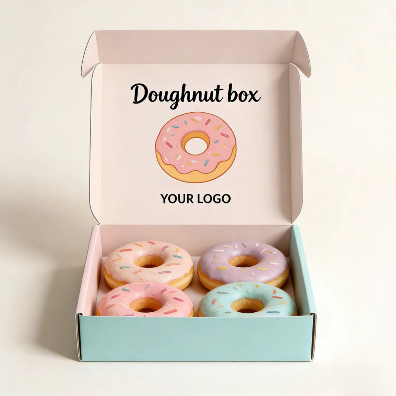 Boîte jetable pour beignets, conforme aux normes alimentaires et respectueuse de l'environnement, destinée aux restaurants et services de traiteur, conditionnement de 2/4/6 unités, finition mat par laminage, carton ondulé conforme aux normes alimentaires