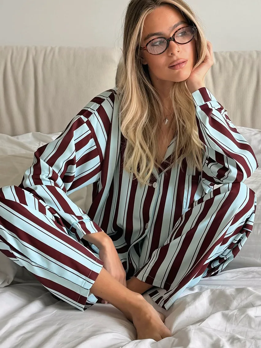 Christmas Striped Satin Pajama Set Lapel Long Sleeve Button Front Shirt Loose Pants Soft Breathable Lounge Wear — detail
