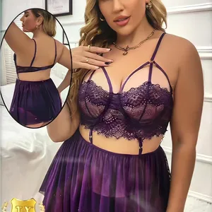 High-End Quality Nylon Suspender Suit Plus Size Sexy Lace Bra 3D Patterned Mesh & Knitted Fabric