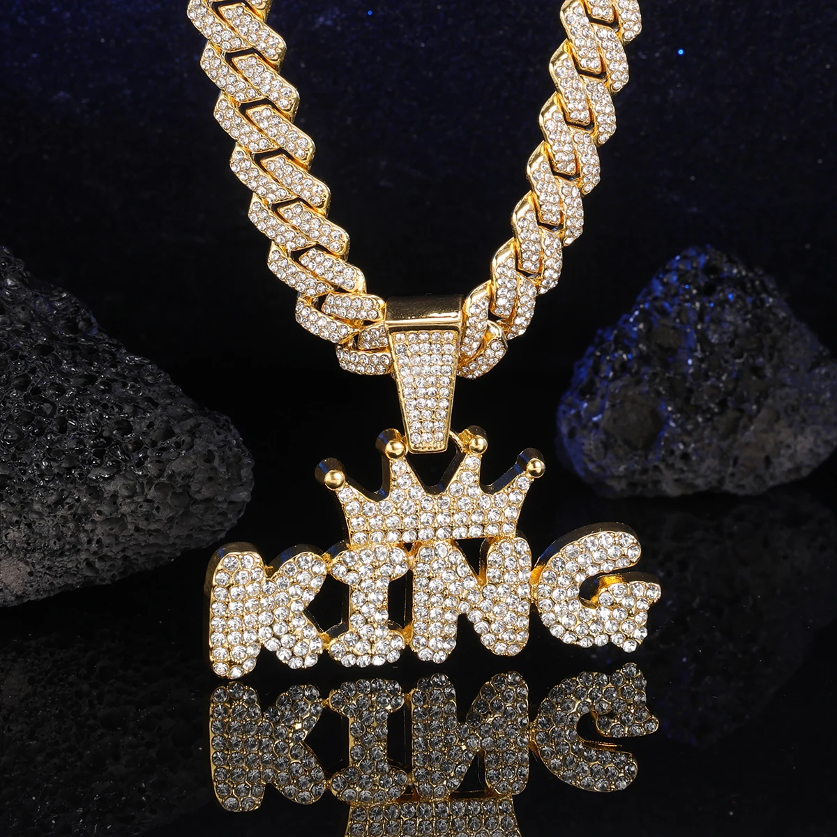 Hip Hop Crown King Pendant Necklace with Iced Out Cuban Link Chain for Men - Bling Rapper Pendant Jewelry