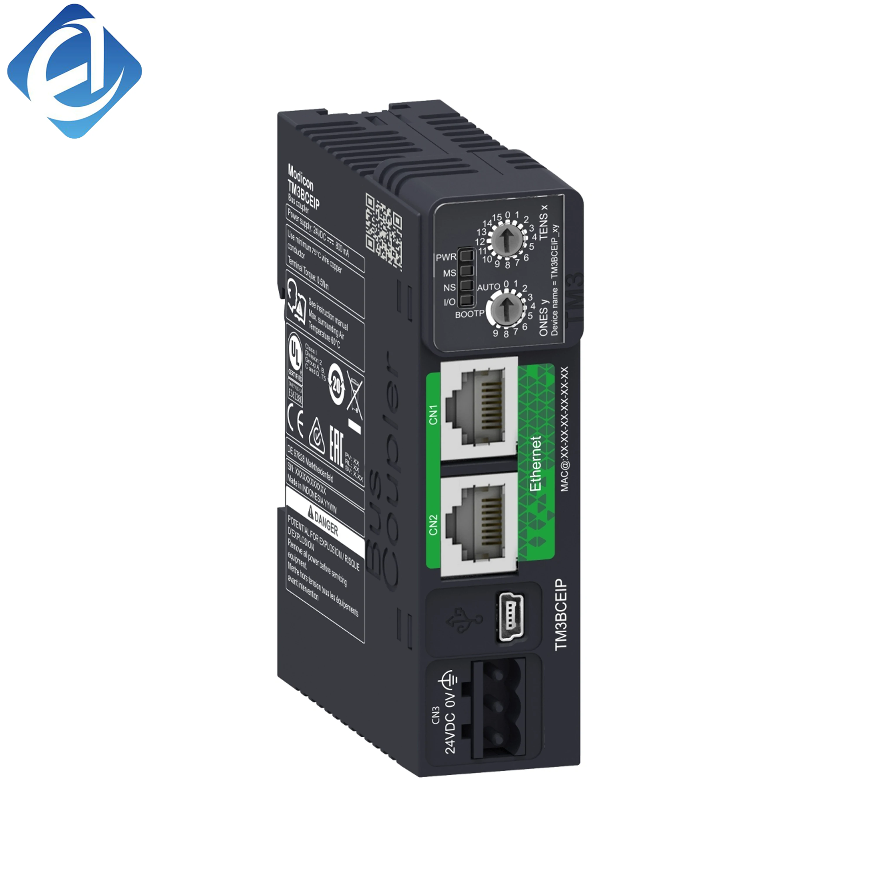 New Original TM3BCEIP TM3 Ethernet communication module. Real-time EtherNet/IP communication, stable data transmission, convenient PLC system networking expansion, applied to industrial field remote monitoring and distributed automatic control systems.