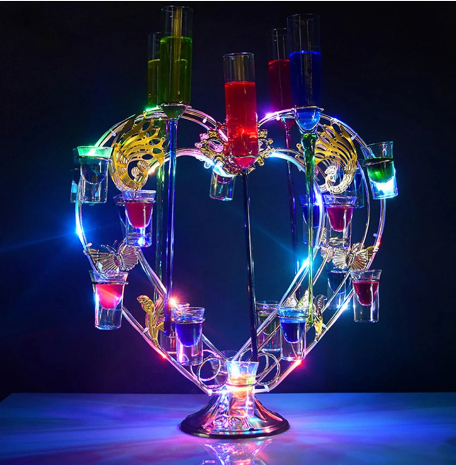 Customized Logo Color Changing Heart Shape Wine Stand Rotating Glass LED VIP Service Tray